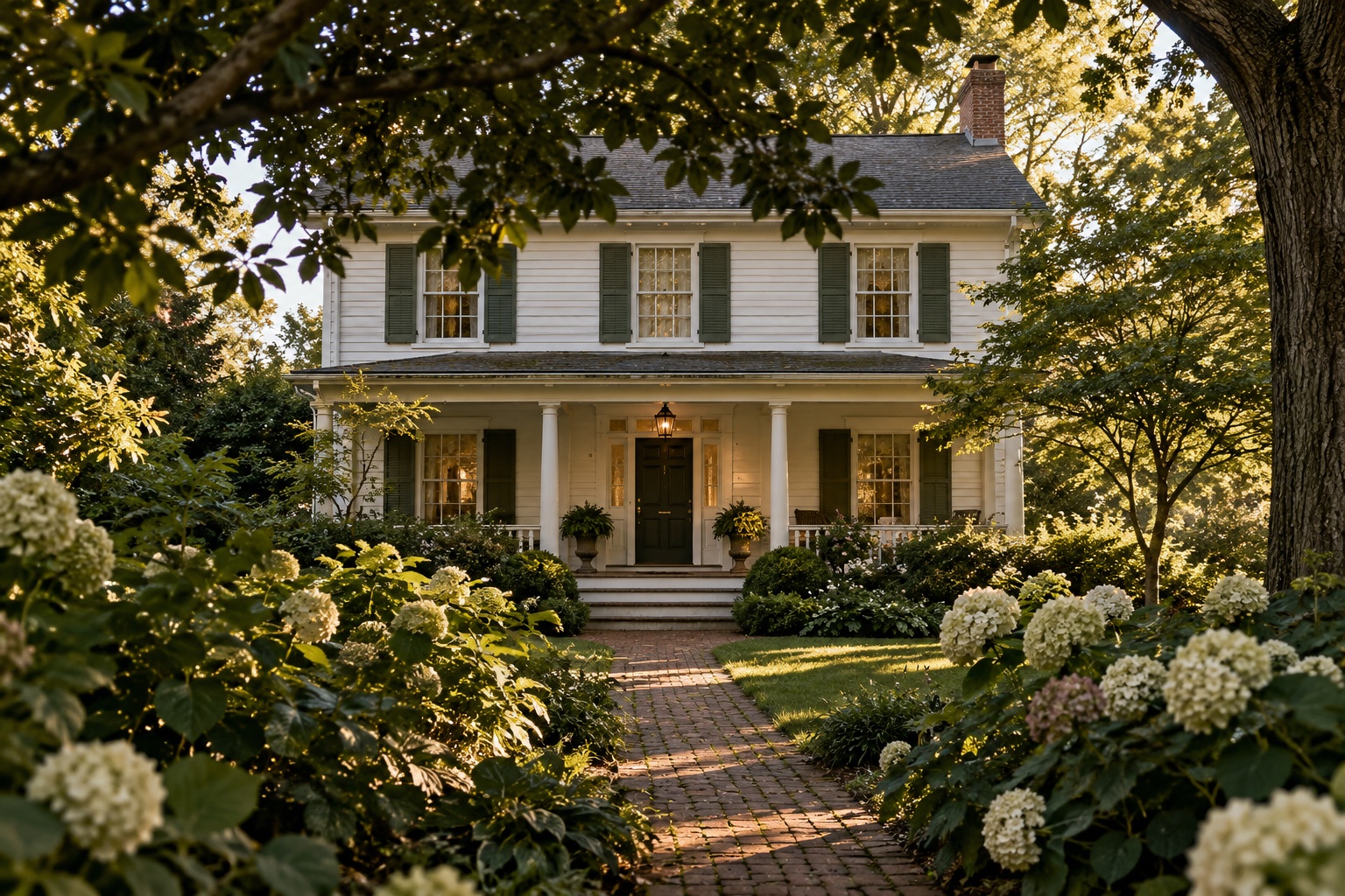 An imagined white clapboard home with a welcoming porch and a leafy garden